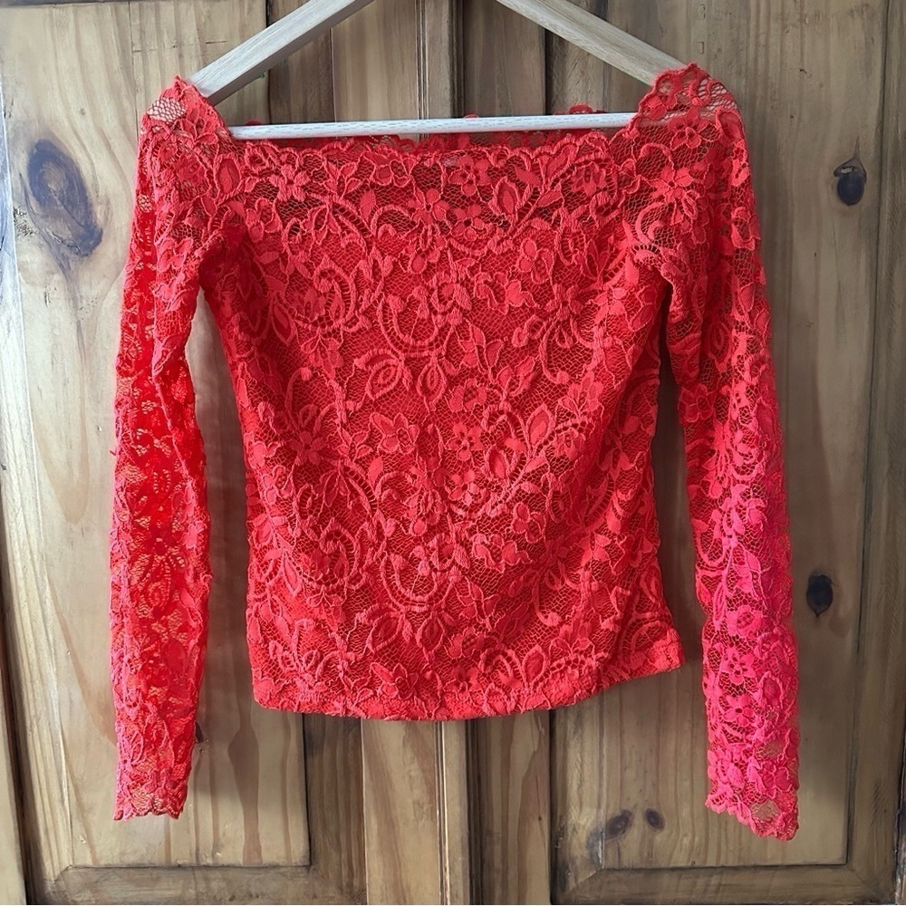 Red Lace Off Shoulder Stretchy Long Sleeve Top Boho Romantic Feminine